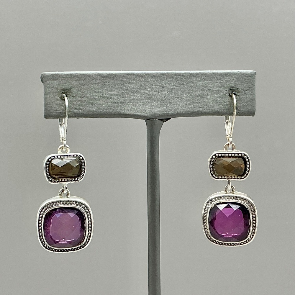 Napier Earrings Womens Silver Tone Purple Smoky Quartz Glass Dangle 1.5‎ Inch